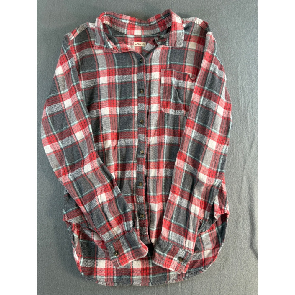 Hollister Womens Red Grey Plaid Flannel Button Down Shirt Small High Low Hem